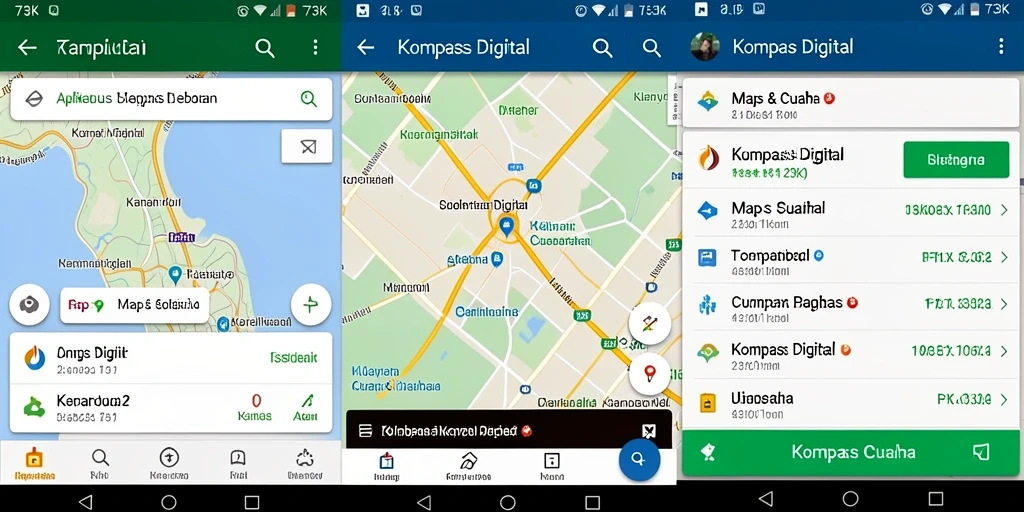 Screenshot utama aplikasi 73K menampilkan kompas digital dengan arah yang jelas.